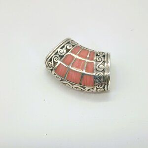 925 Inlaid Coral Slide Pendant Women's Sterling Silver Scroll Edging Jewelry